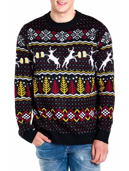 Tipsy Elves Men's Deer with Beer Christmas Sweater - Black Caribrew Ugly Christmas Sweater