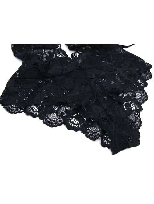 Womens Halter Lingerie Lace Teddy Bodysuit Nightwear Deep V Lace Babydoll Underwear Plus Size