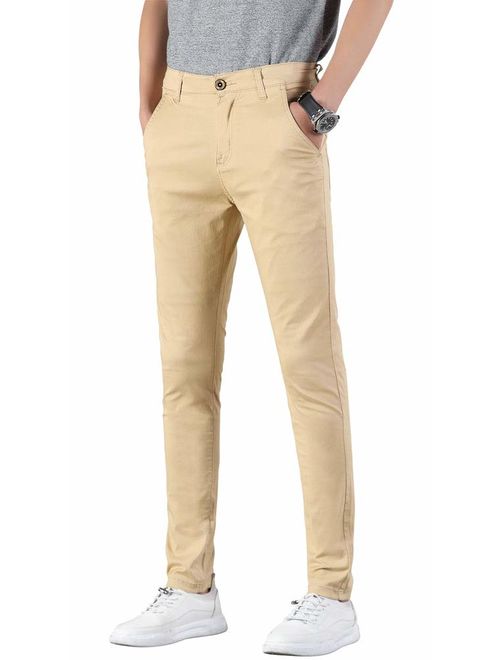 Plaid&Plain Men's Skinny Khaki Pants Slim Fit Chino Pants