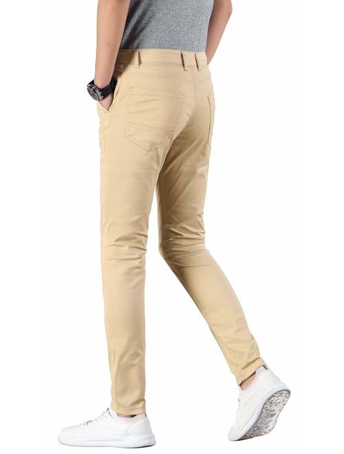 Plaid&Plain Men's Skinny Khaki Pants Slim Fit Chino Pants