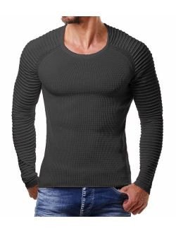 Men's Cable Knit Sweater Stripe Crew Neck Long Sleeve Pullover