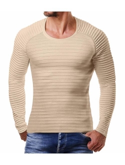 Men's Cable Knit Sweater Stripe Crew Neck Long Sleeve Pullover
