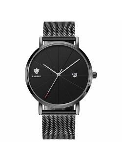 Mens Luxury Wrist Watches, Minimalist Fashion Ultra Thin Watch for Men Business Dress Waterproof Casual Quartz Watch with Stainless Steel Mesh Band