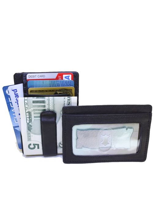 Fine Leather Men's Mini Front Pocket Wallet ID Credit Card Holder with Metal Spring Clip