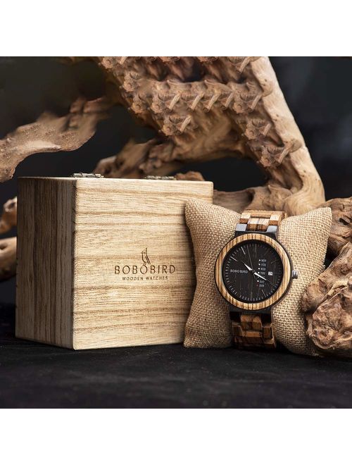BOBO BIRD Week and Date Multi-Functional Display Men's Zebra Wooden Quartz Watch Lightweight Handmade Casual Wristwatches with Gift Box