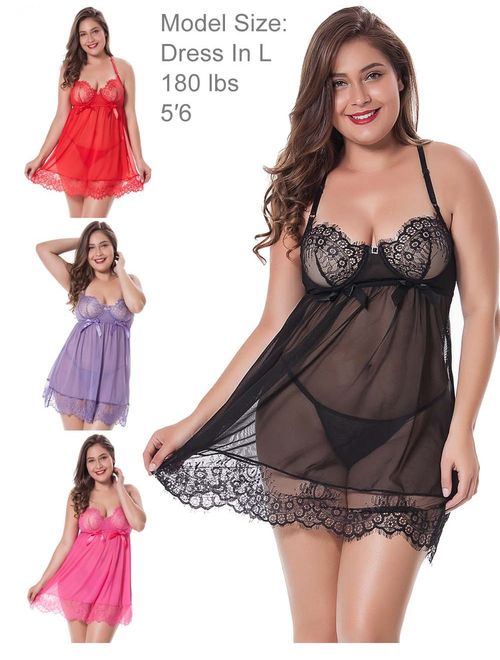 LINGERLOVE Plus Size Sexy Babydoll Women Eyelash Lace with Underwire Cup Lingerie