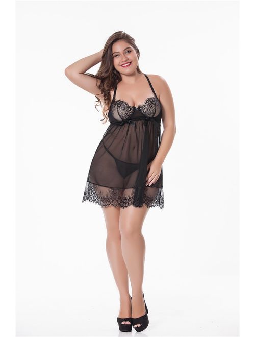 LINGERLOVE Plus Size Sexy Babydoll Women Eyelash Lace with Underwire Cup Lingerie