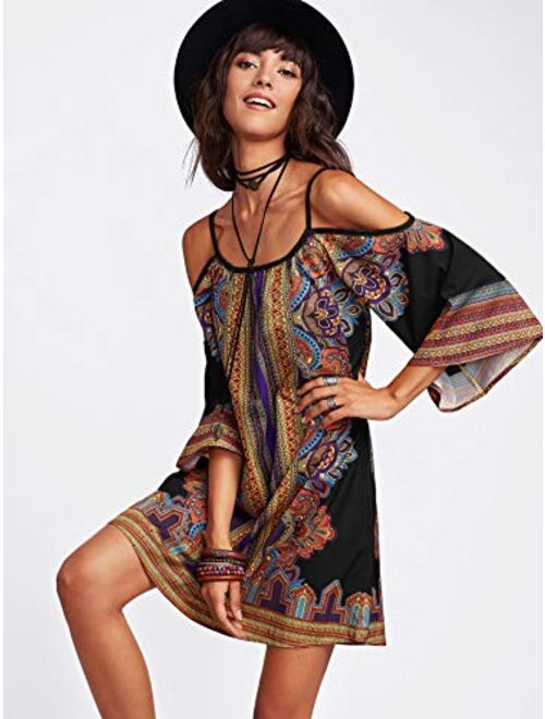 Milumia Women's Tribal Print Kimono Sleeve Geometric Tunic Boho Dress