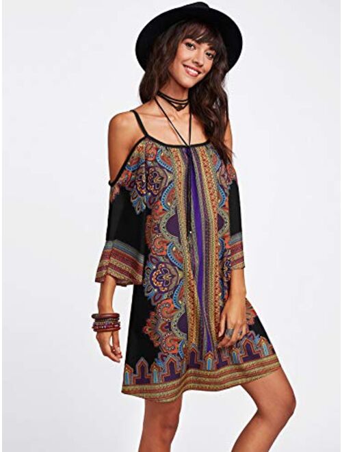 Milumia Women's Tribal Print Kimono Sleeve Geometric Tunic Boho Dress