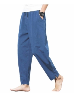 PERDONTOO Men's Linen Cotton Loose Fit Casual Lightweight Elastic Waist Summer Pants