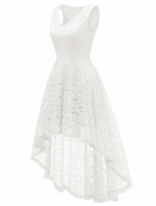 Bridesmay Women's Elegant V-Neck Vintage High Low Sleeveless Floral Lace Cocktail Party Swing Dress