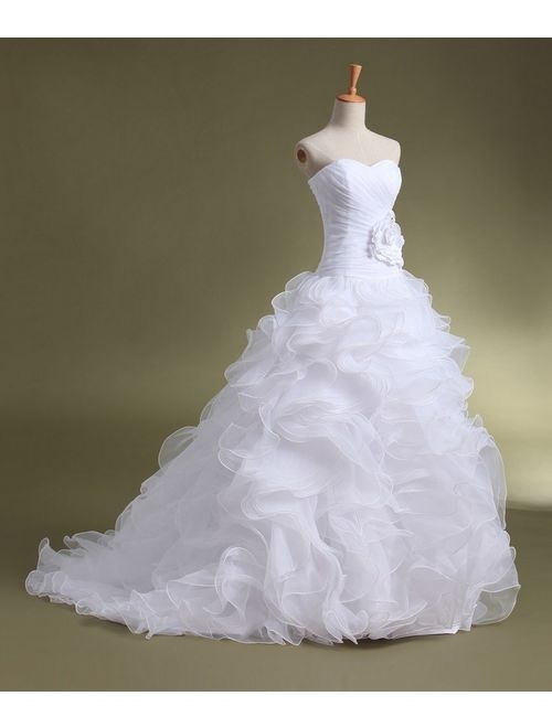 Bridal Mall Women's Organza Sweetheart Neckline Cascading Ruched Wedding Dress