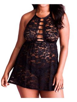 Plus Size Lingerie for Women, Sexy Black Allover Lace Plunge Crisscross High Neck Babydoll