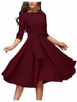 Women's Elegance Audrey Hepburn Style Ruched Dresses Round Neck 3/4 Sleeve Pleated Swing Midi A-line Dress with Pockets