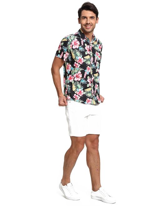 Men's Hawaiian Short Sleeve Shirt- MCEDAR Aloha Flower Print Casual Button Down Standard Fit Beach Shirts