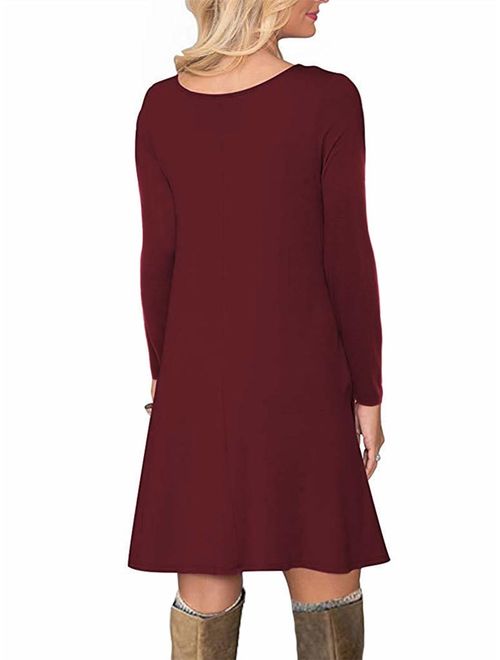 VOGRACE Women's Casual T Shirt Dresses Long Sleeve Swing Dress with Pockets