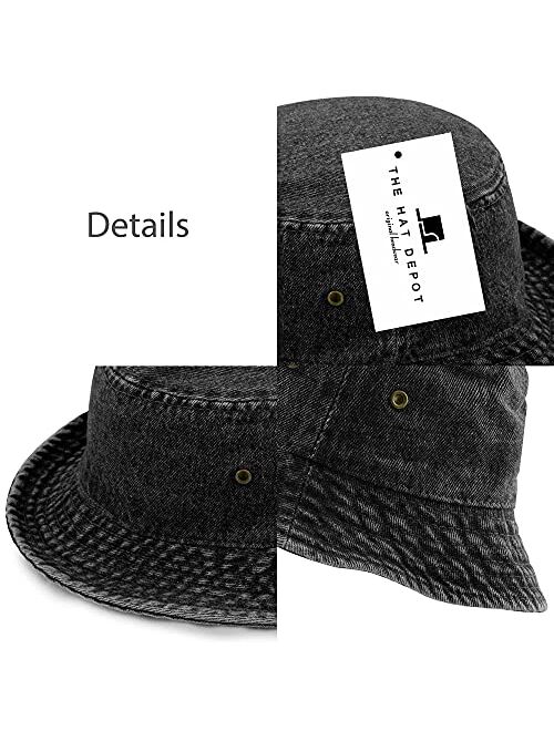 The Hat Depot Washed Cotton Denim Bucket Hat