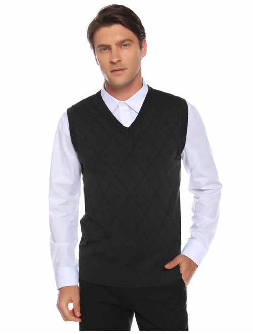Aibrou Men's V-Neck Argyle Sweater Vest Sleeveless Knit Pullover
