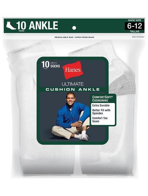 Hanes Men's Ultimate Cushion Ankle Socks 10-Pack White Shoe Size 6-12