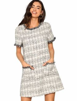 Women's Tweed Short Sleeve Shift Tunic Dress with Pockets