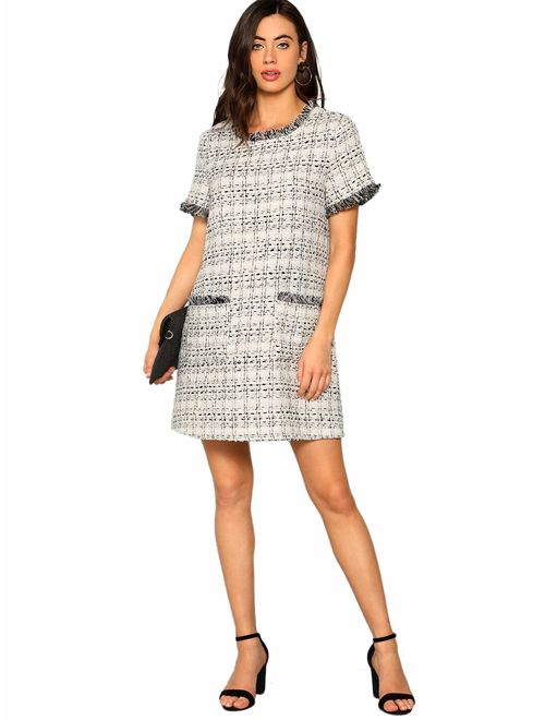 Floerns Women's Tweed Short Sleeve Shift Tunic Dress with Pockets
