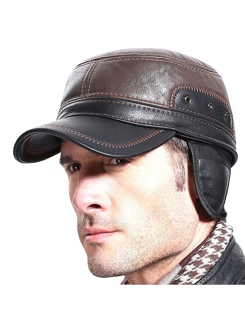 Molodo Men Winter Leather Fur Baseball Newsboy Cap Ear Flap Trapper Hunting Hat