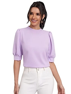 Women's Puff Sleeve Casual Solid Top Pullover Keyhole Back Blouse