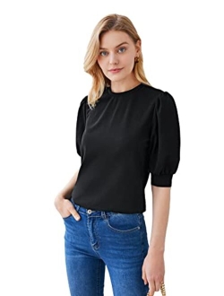 Women's Puff Sleeve Casual Solid Top Pullover Keyhole Back Blouse