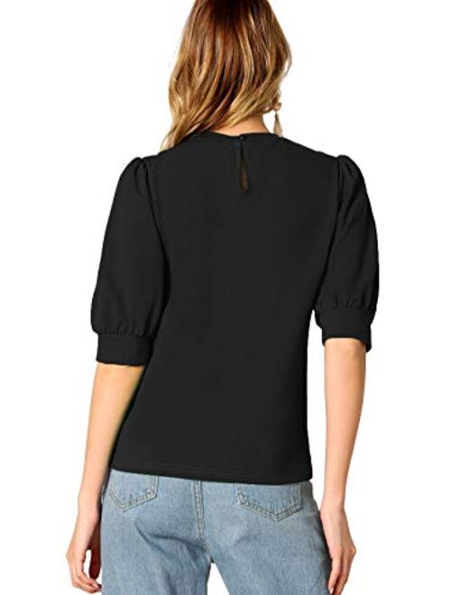 SheIn Women's Puff Sleeve Casual Solid Top Pullover Keyhole Back Blouse