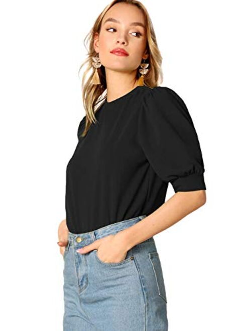 SheIn Women's Puff Sleeve Casual Solid Top Pullover Keyhole Back Blouse