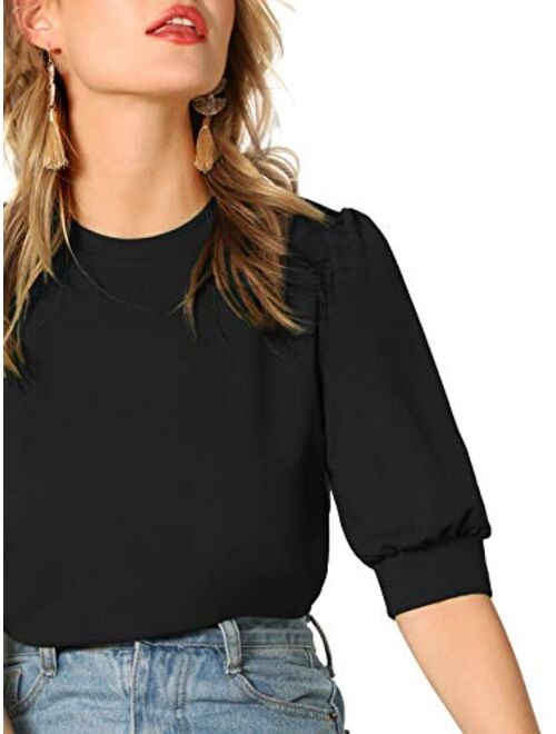 SheIn Women's Puff Sleeve Casual Solid Top Pullover Keyhole Back Blouse