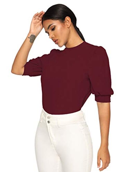 SheIn Women's Puff Sleeve Casual Solid Top Pullover Keyhole Back Blouse