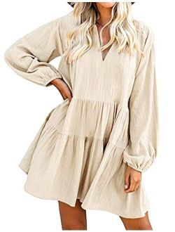 FANCYINN Women's Cute Shift Dress with Pockets Fully Lined Bell Sleeve Ruffle Hem V Neck Loose Swing Tunic Mini Dress