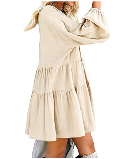 FANCYINN Women's Cute Shift Dress with Pockets Fully Lined Bell Sleeve Ruffle Hem V Neck Loose Swing Tunic Mini Dress
