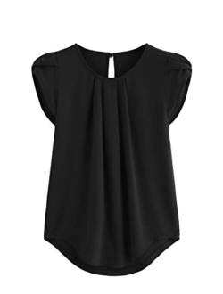 Women's Casual Round Neck Basic Pleated Top Cap Sleeve Curved Keyhole Back Blouse