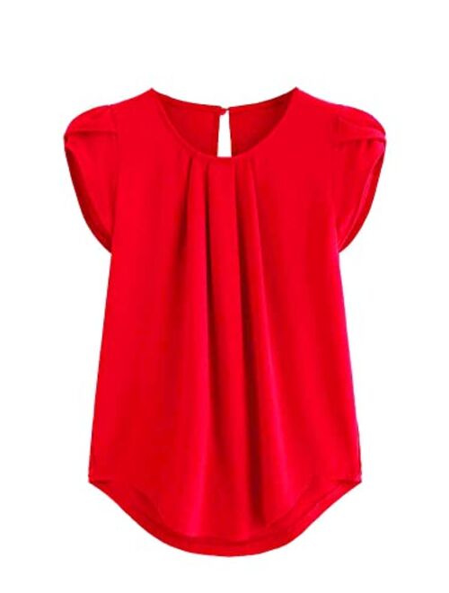 Milumia Women's Casual Round Neck Basic Pleated Top Cap Sleeve Curved Keyhole Back Blouse