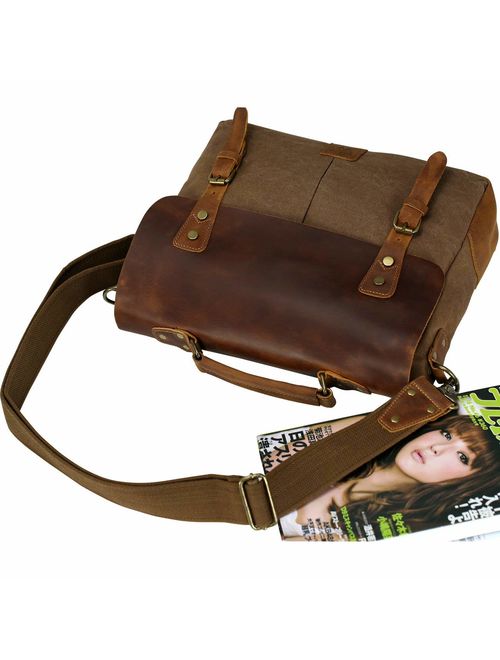WOWBOX Messenger Bag for Men Vintage Genuine Leather and Canvas Laptop Satchel Shoulder Bag Laptop Bag Briefcase for Business Work Office