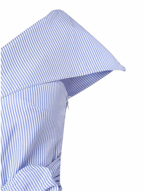 Romwe Women's Summer Slim Fit Peplum Striped Foldover One Shoulder Bow Tie Front Cap Sleeve Ruffle Tops Shirt Blouse Petite