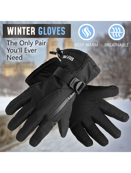 Self Pro Waterproof Winter Gloves - 3M Thinsulate Windproof Gauntlet Gloves with 2 Sealed Pockets, Extra-Long Cuffs, Wrist Cinches - Black Insulated Gloves for Men, Women