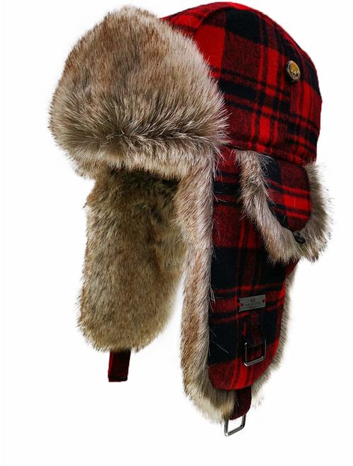 FUR WINTER Wool Blend Buffalo Check Faux Fur Aviator Outdoor Trapper Trooper Pilot Ski Hat