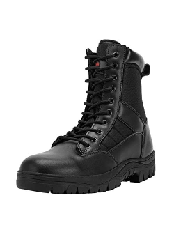 WIDEWAY Men's 8'' Inch Military Tactical Boots Full Grain Leather Police Duty Water Resistant Boots with Side Zipper