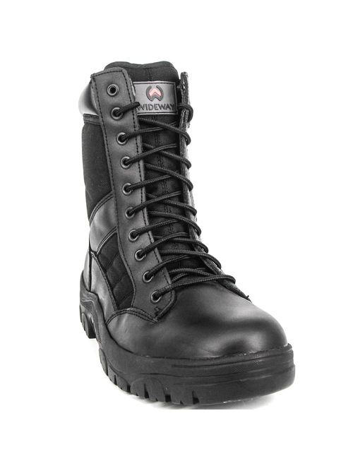 WIDEWAY Men's 8'' Inch Military Tactical Boots Full Grain Leather Police Duty Water Resistant Boots with Side Zipper