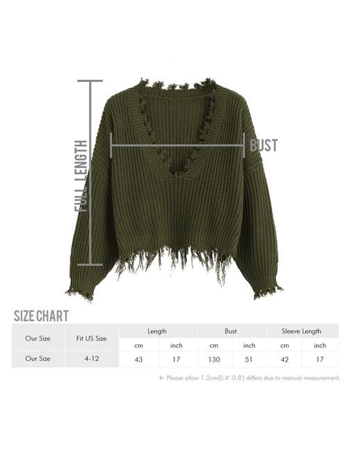 ZAFUL Women's Loose Long Sleeve V-Neck Ripped Pullover Knit Sweater Crop Top