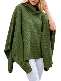 Women's Chic Turtleneck Batwing Sleeve Asymmetric Knitted Poncho Pullovers Sweater