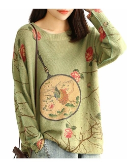YESNO S01 Girls Casual Loose Sweaters Knitted Pullover Tops Printed Long Sleeve