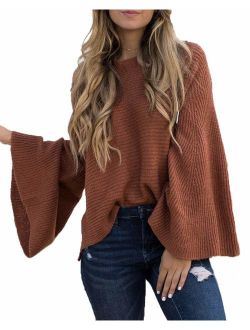 HZSONNE Women's Casual Kimono Bell Sleeve Patchwork Stripe Loose Fit V Neck Pullover Sweater Knitted Tops Blouse Cardigan