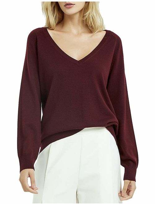 Kallspin Women's Deep V Neck Cashmere Wool Blended Sweater Relaxed Fit Soft Knit Sweater Long Sleeve Pullover for Fall Winter