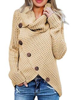 TEMOFON Women's Casual Turtle Cowl Neck Sweater Long Sleeve Button Asymmetric Hem Wrap Pullover Sweaters Tops S-2XL