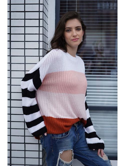 KIRUNDO Women's Color Block Sweater Crew Neck Lightweight Oversized Jumper Tops Long Sleeves Knit Pullovers