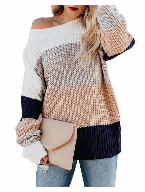 cordat Womens Casual Crew Neck Color Block Sweater Long Sleeve Knit Pullover Jumper Tops